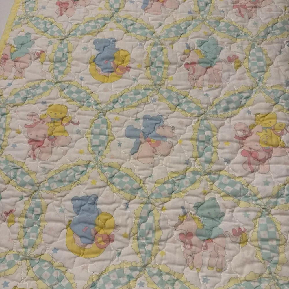 VTG Unisex 40” X 46”Baby Blanket Crib Quilted Comforter Unicorn, Rabbit, Bear
